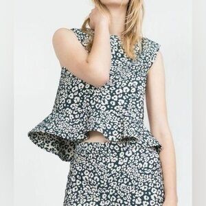Zara Teal And Cream Leopard Print Sleeveless Peplum Top Size L EUC